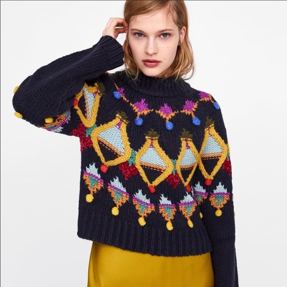 NWT Zara Multicolored Embroidered Knit Sweater - Picture 9 of 12